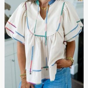 White Peasant Blouse with Multicolor Trim